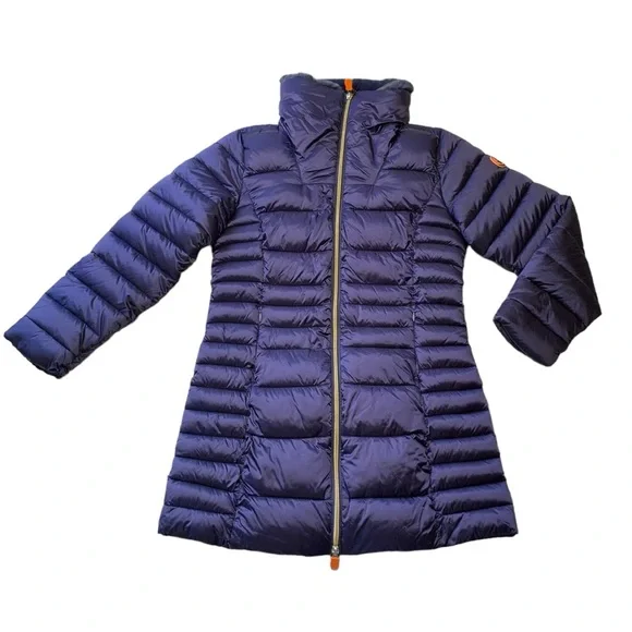 SAVE THE DUCK Down Puffer Teddy Fur Collar Blue Jacket Girls Size 10 - Picture 1 of 9